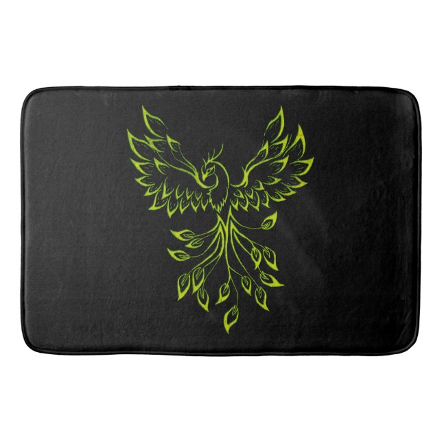 Green Phoenix Rises on Black Bath Mat (Front)
