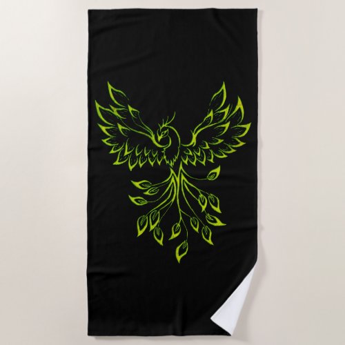 Green Phoenix Rises on Black  Beach Towel