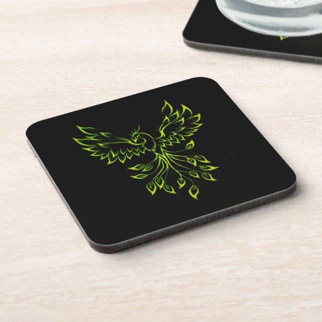 Green Phoenix Rises on Black  Beverage Coaster (Left Side)