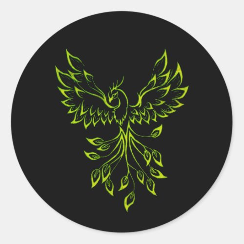 Green Phoenix Rises on Black  Classic Round Sticker