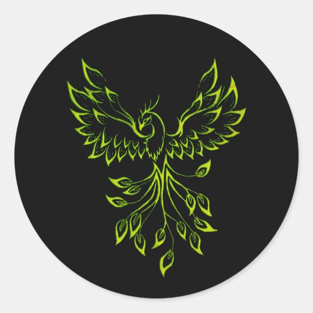 Green Phoenix Rises on Black  Classic Round Sticker (Front)
