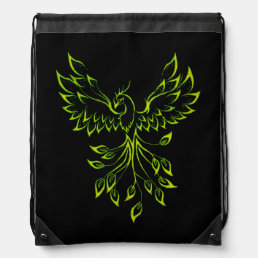 Green Phoenix Rises on Black  Drawstring Bag