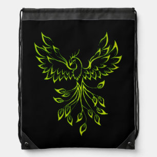 Green Phoenix Rises on Black  Drawstring Bag