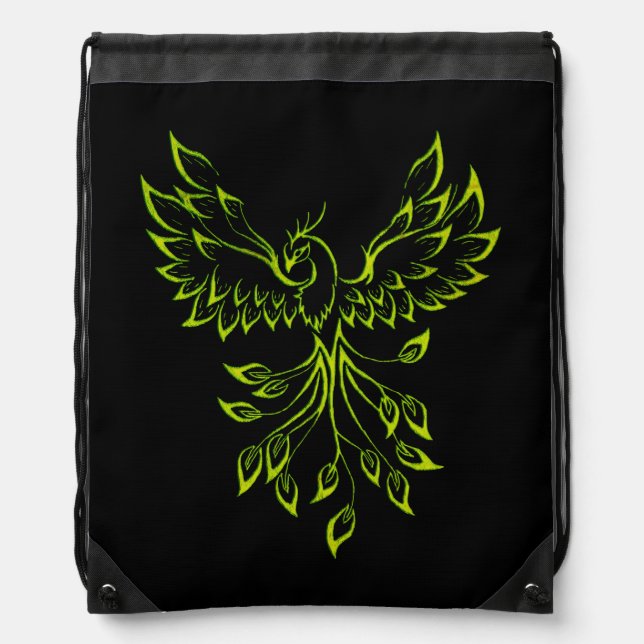 Green Phoenix Rises on Black  Drawstring Bag (Front)