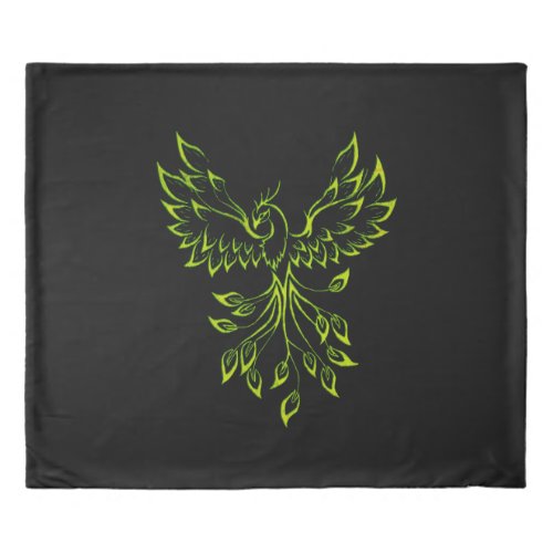 Green Phoenix Rises on Black Duvet Cover