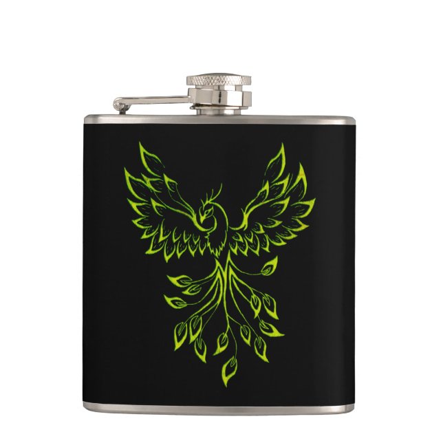 Green Phoenix Rises on Black  Flask (Front)