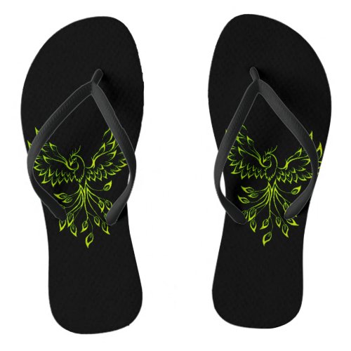 Green Phoenix Rises on Black  Flip Flops