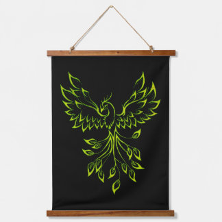 Green Phoenix Rises on Black Hanging Tapestry