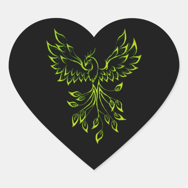 Green Phoenix Rises on Black  Heart Sticker (Front)