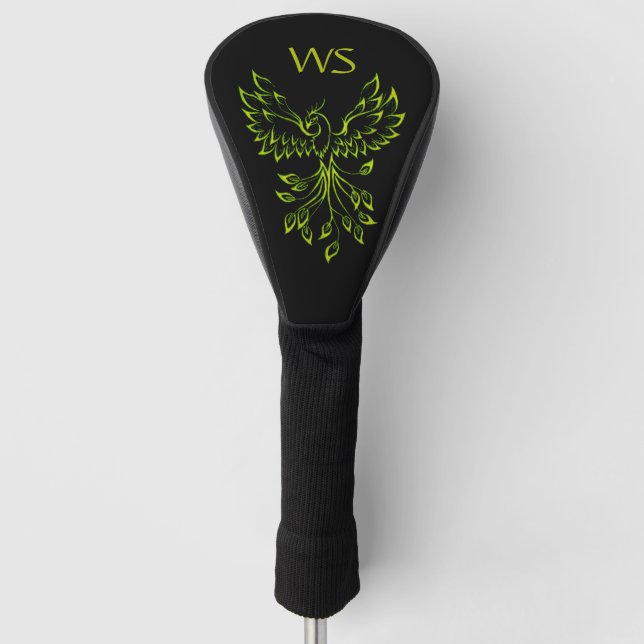 Green Phoenix Rises on Black Initial Golf Head Cover (Front)
