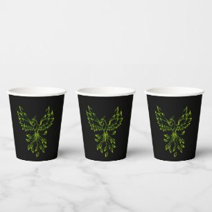 Green Phoenix Rises on Black Paper Cups