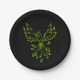 Green Phoenix Rises on Black Paper Plates