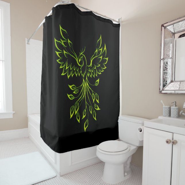 Green Phoenix Rises on Black Shower Curtain (In Situ)