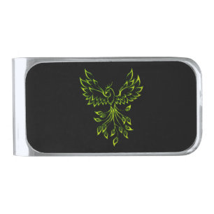Green Phoenix Rises on Black Silver Finish Money Clip