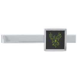 Green Phoenix Rises on Black  Silver Finish Tie Bar