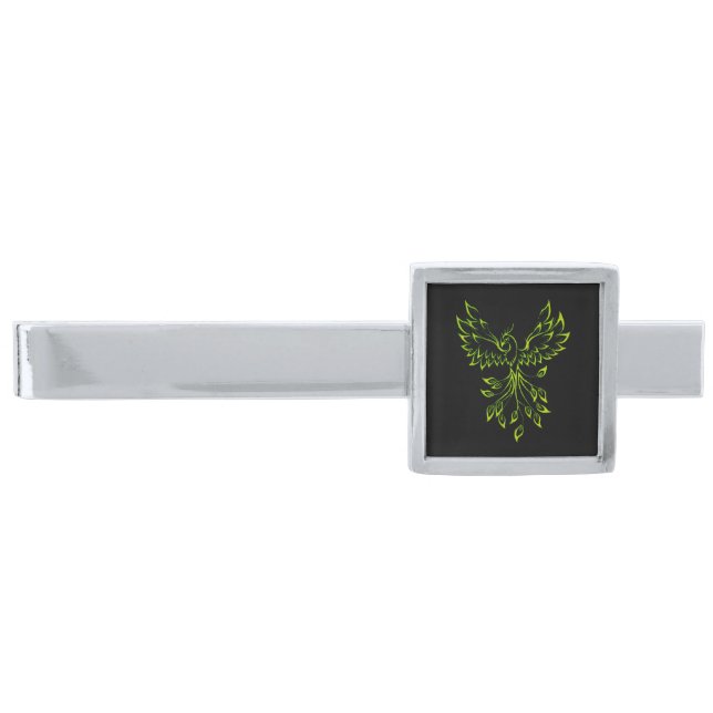 Green Phoenix Rises on Black  Silver Finish Tie Bar (Front)