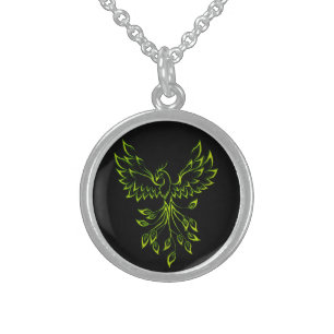 Green Phoenix Rises on Black Sterling Silver Necklace
