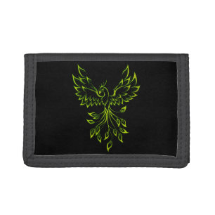 Green Phoenix Rises on Black Tri-fold Wallet