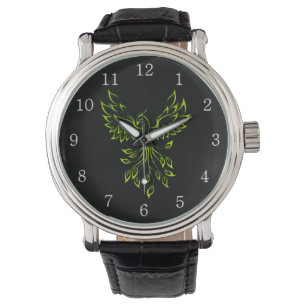 Green Phoenix Rises on Black w White Numbers Watch