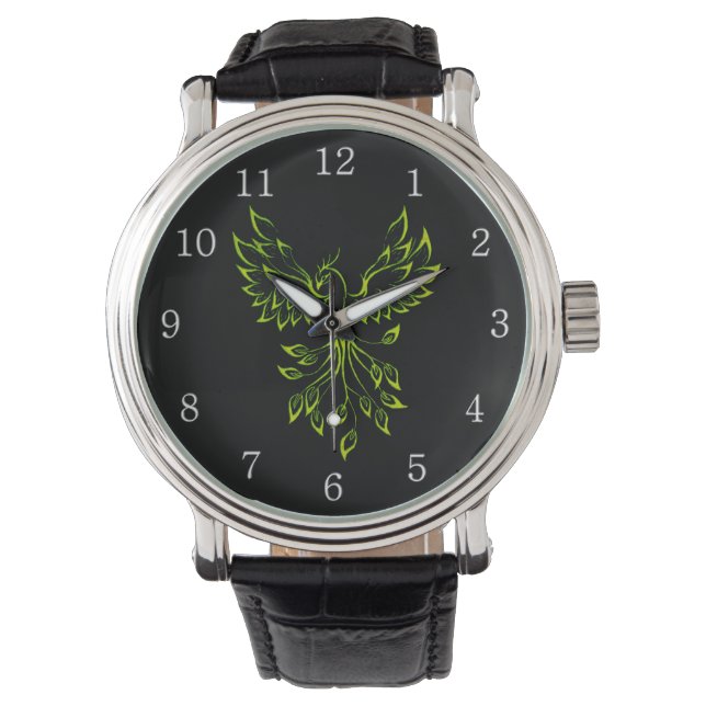 Green Phoenix Rises on Black w White Numbers Watch (Front)