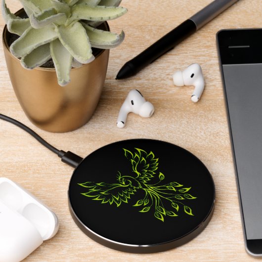Green Phoenix Rises on Black  Wireless Charger (Desk 2)