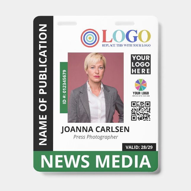 Green Photo & 3 Logo QR Code Press ID Badge (Front)