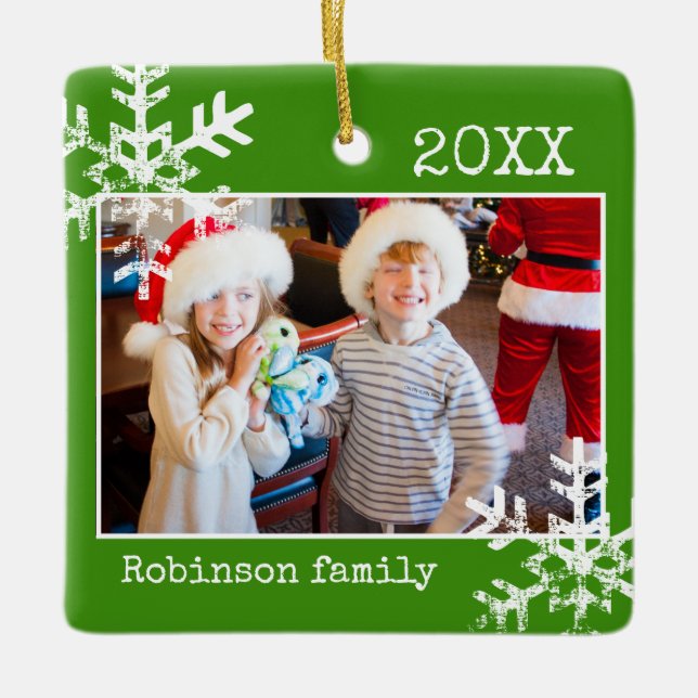 Green Photo Border White Snowflakes Holiday Ceramic Ornament (Front)