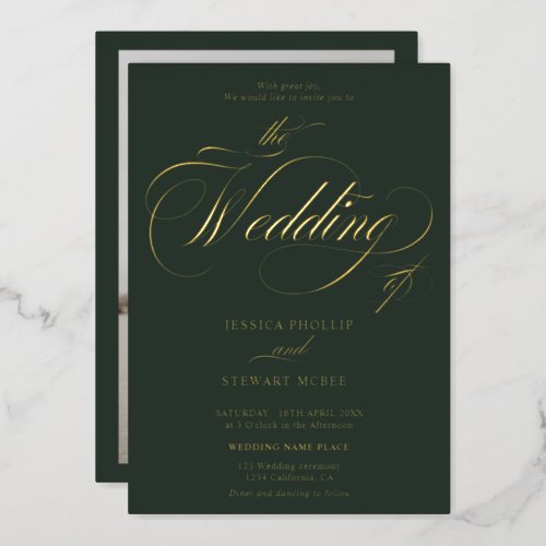 Green photo calligraphy wedding gold foil invitation