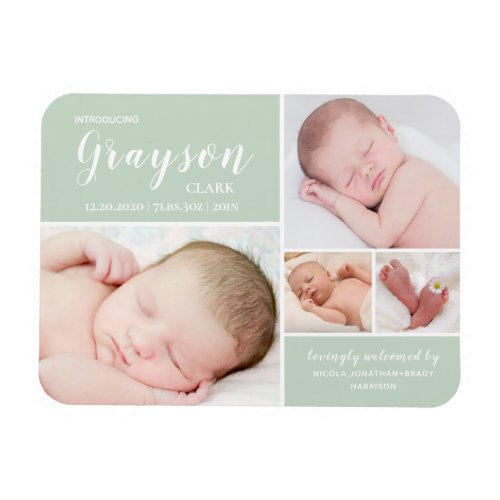 Green Photo Collage Baby Birth Announcement  Magnet