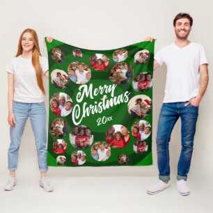 Green Photo Collage Christmas Fleece Blanket