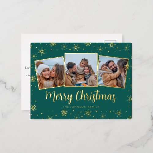 Green Photo Collage Christmas Foil Holiday Postcard