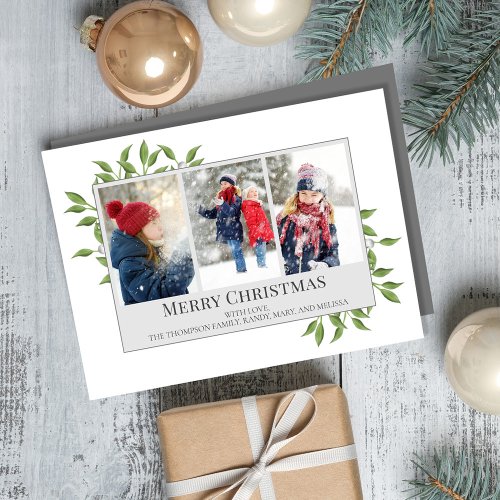 Green Photo Collage Greenery Merry Christmas  Holiday Card