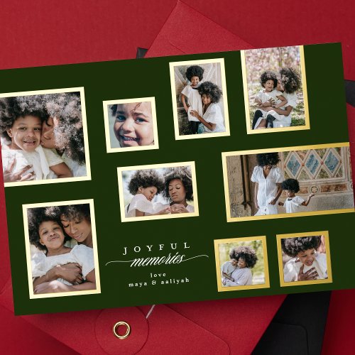 Green Photo Collage Modern Joyful Moments Frames Foil Holiday Card