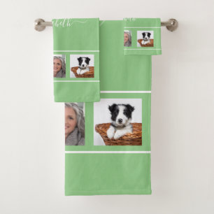 Green photo collage monogram script bath towel set
