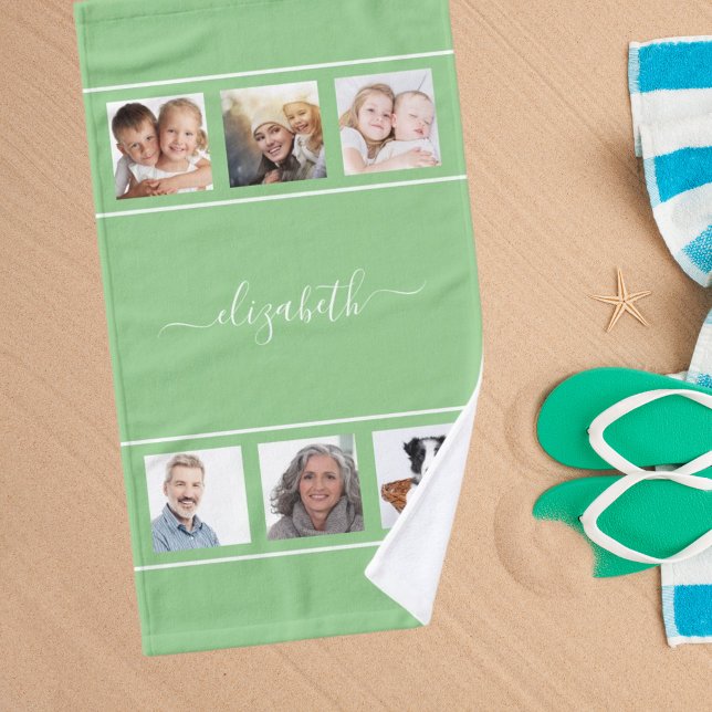 Green photo collage name script hand towel  (Creator Uploaded)