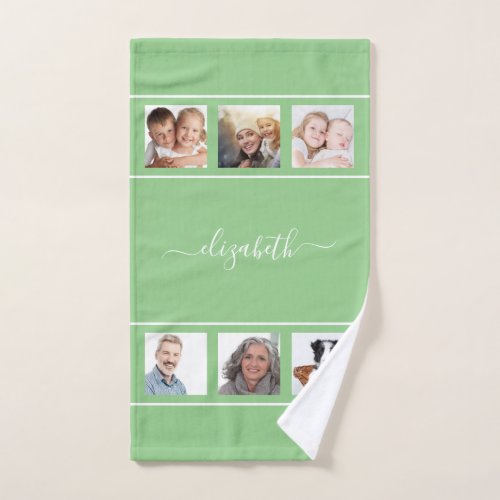 Green photo collage name script hand towel 