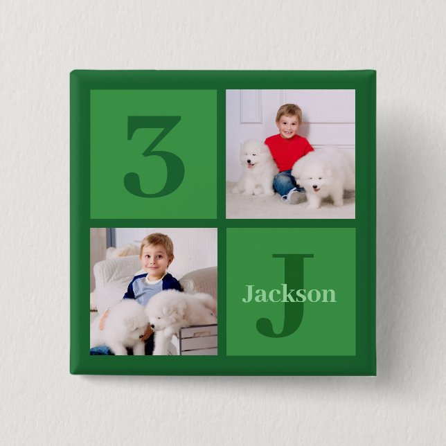 Green  Photo Collage Personalized Birthday Boy Button (Front)