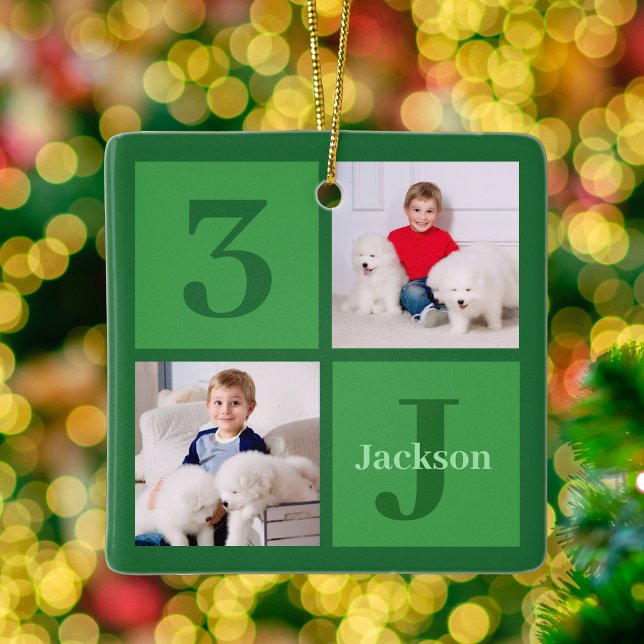 Green Photo Collage Personalized Kids Christmas Ceramic Ornament (Creator Uploaded)