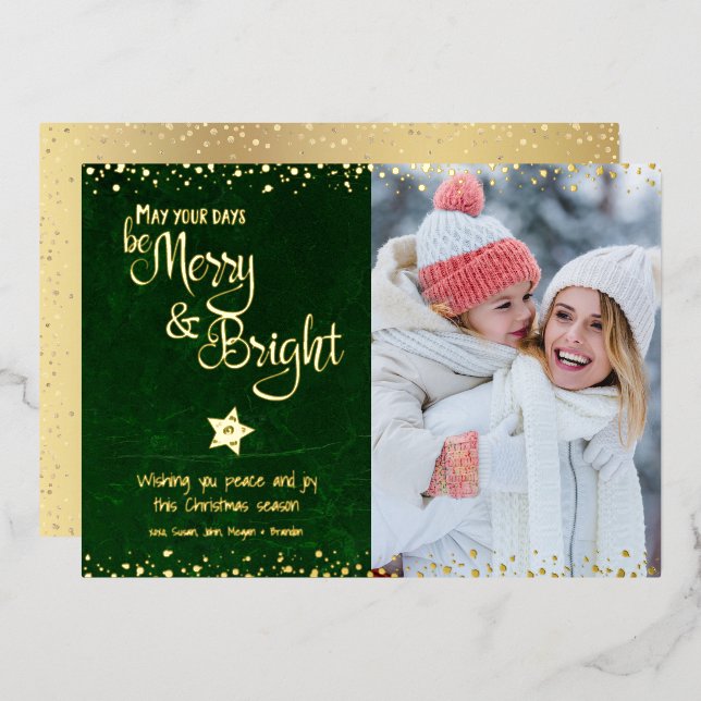 Green Photo Days Be Merry Bright Script Real Gold Foil Holiday Card (Front/Back)