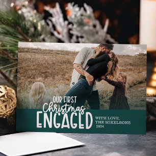 Green Photo First Christmas Engaged Holiday Card