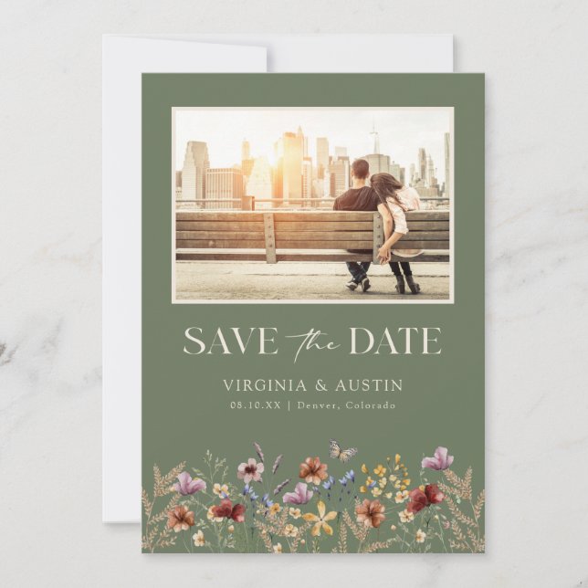 Green Photo Floral QR Code Save The Date (Front)