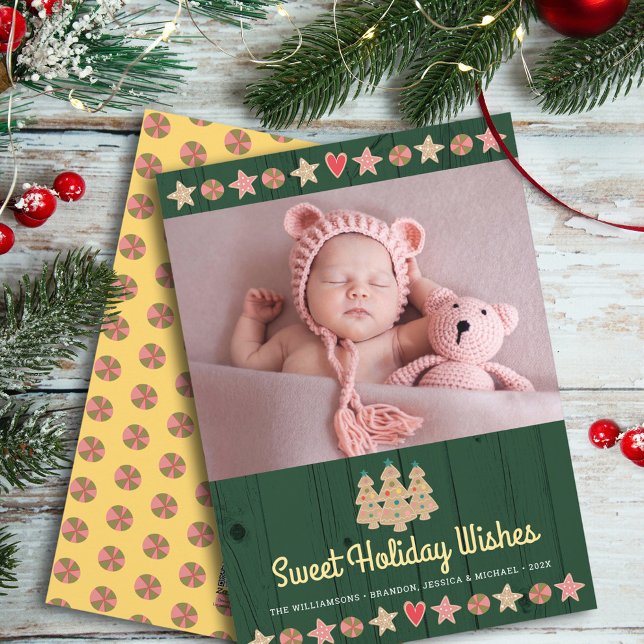 Green Photo Gingerbread Sweet Wishes Rustic Wood Holiday Card (Creator Uploaded)