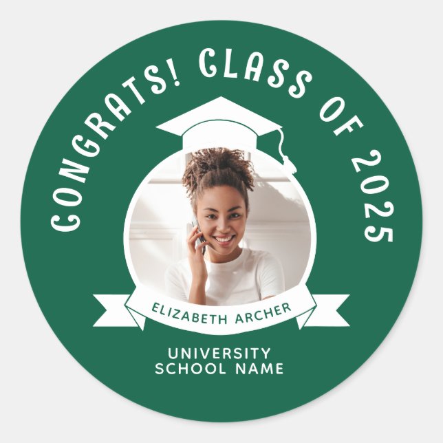 Green Photo Graduation Classic Round Sticker (Front)