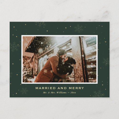 Green Photo Married and Merry Newlyweds Christmas Holiday Postcard