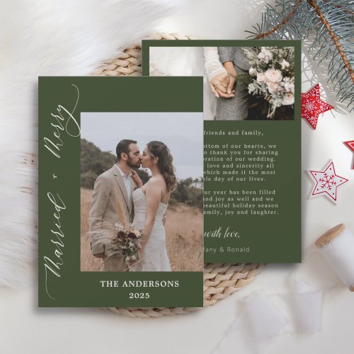 Green Photo Merry Married Script Wedding Christmas Thank You Card