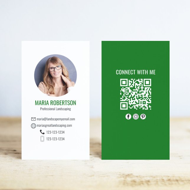 Green Photo QR Code Connect With Me Business Card (Green Modern Photo Business Cards.)
