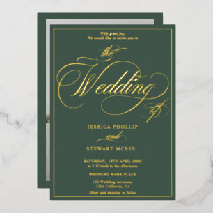 Green photo script border wedding gold foil invitation