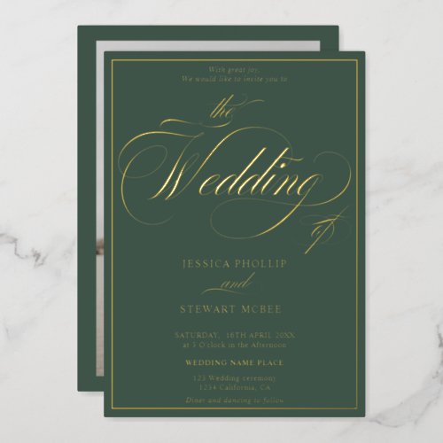 Green photo script border wedding gold foil invitation