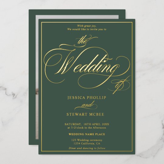 Green photo script border wedding gold foil invitation | Zazzle.com