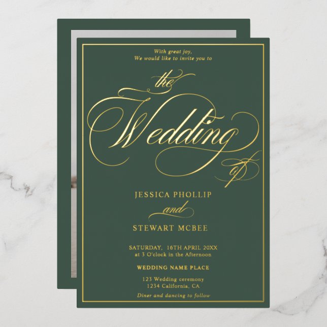 Green photo script border wedding gold foil invitation (Front/Back)